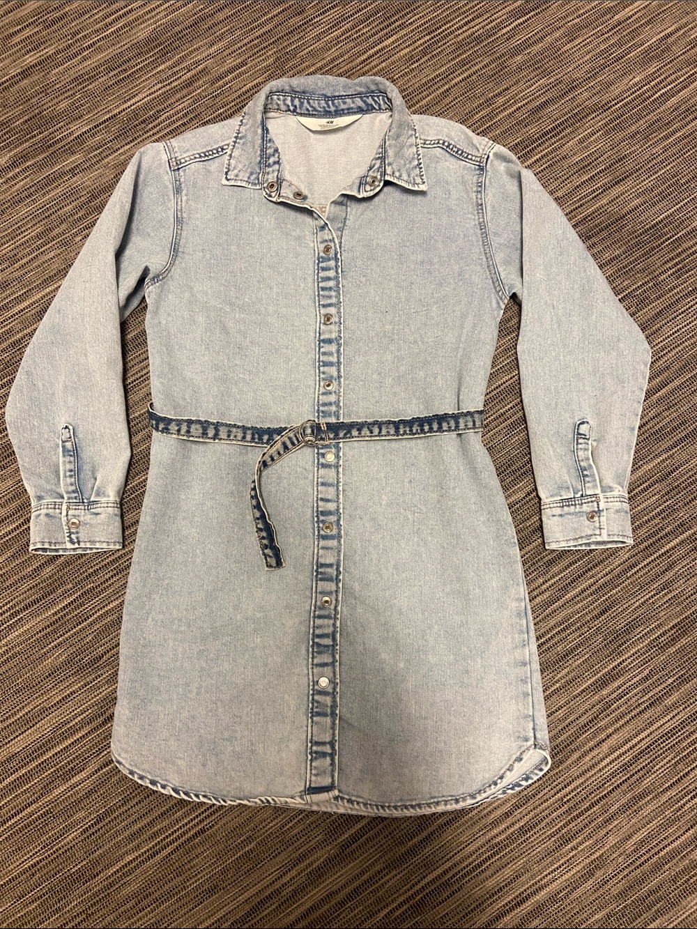 H&M Light Blue Denim Shirt Dress with Waist Tie
